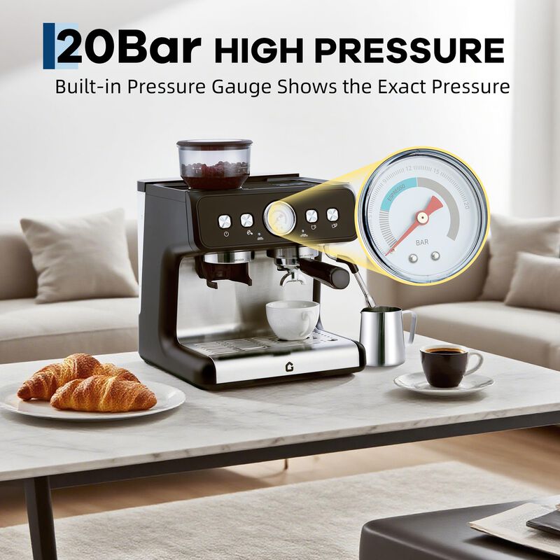 20 Bar Coffee Machine with Built-in Grinder, Stainless Steel, Steam Wand, 2.8L Tank &ndash; Home&Office image number 3