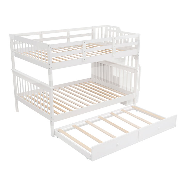 Merax Full over Full Wooden Bunk Bed with Stair Storage + Twin Trundle Bed