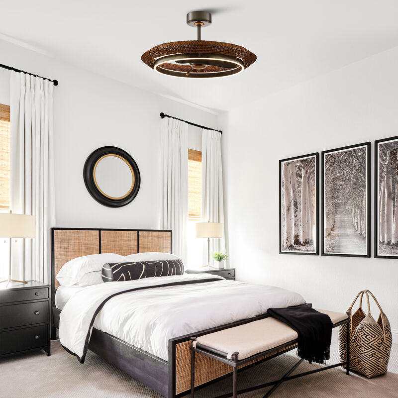 33.1" Farmhouse Graphite Silver Rattan Caged Dimmable Ceiling Fan with Light and Remote