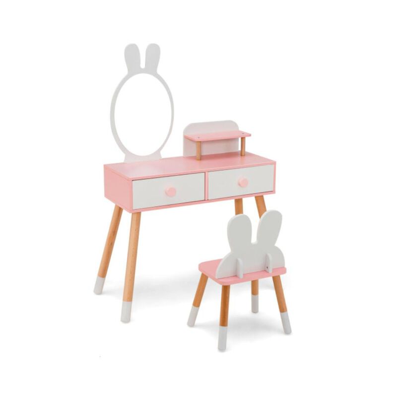 Hivvago Kids Vanity Table and Chair Set with Drawer Shelf and Rabbit Mirror