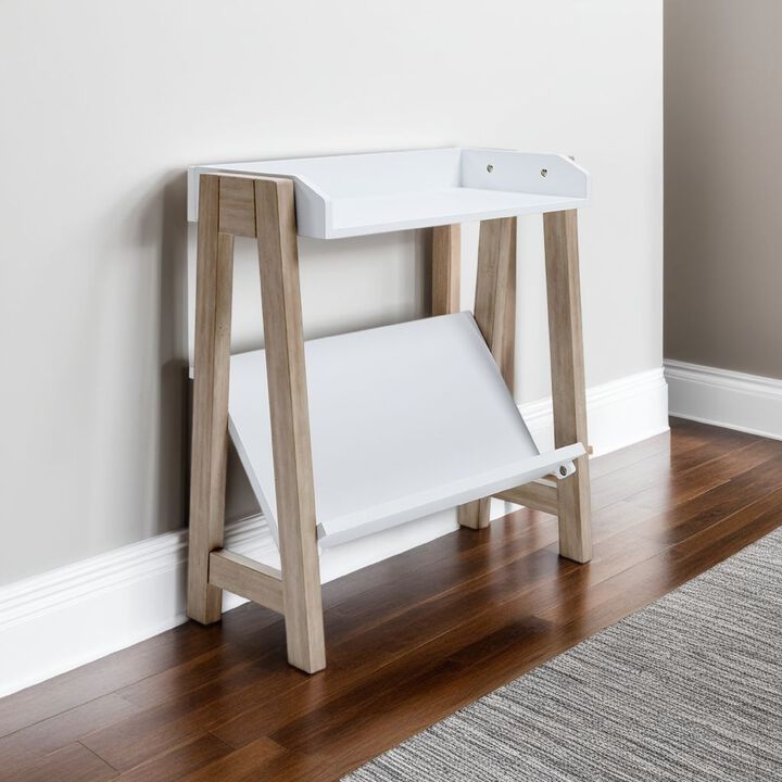 Arid Bookshelf Side Table, 29 Inch, Gallery Rail, Light Brown, White