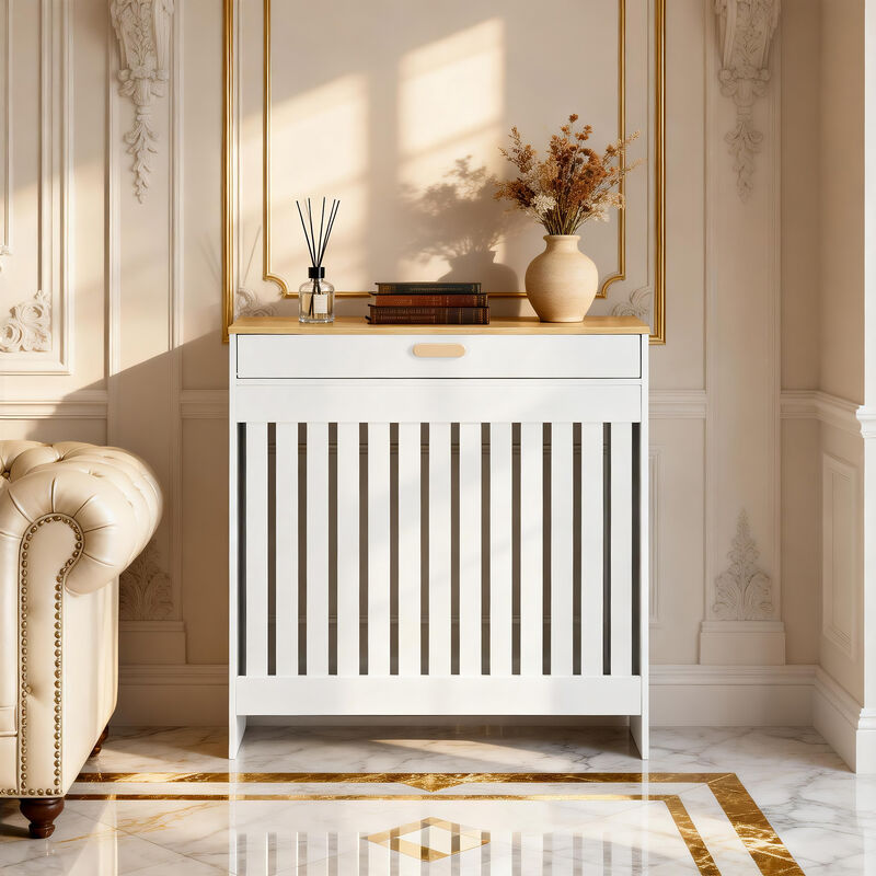 Radiator Cover Drawer Shelf White Oak Finish Vertical MDF Slat Cabinet image number 3