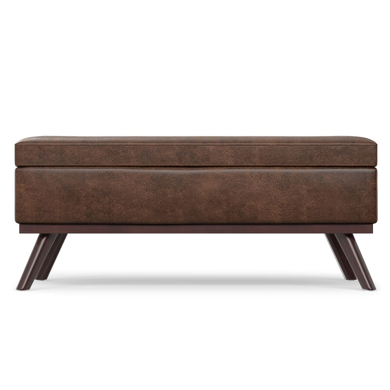 Owen 42 inch Wide Mid Century Modern Rectangle Lift Top Large Coffee Table Storage Ottoman in Distressed Chestnut Brown Vegan Faux Leather, Assembled image number 2