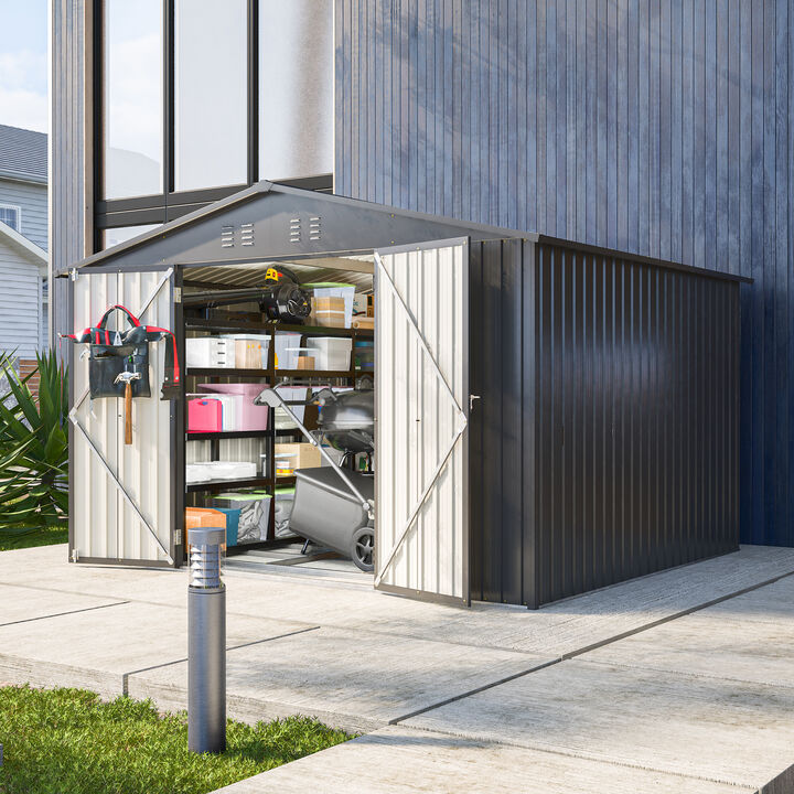 10X8 FT Outdoor Storage Shed, All Weather Metal Sheds with Lockable Doors