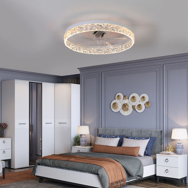 ELEMENT ACE 20-Inch Modern Flush Mount Ceiling Fan with LED Light and Crystal Ring Design for Bedroom and Living Room