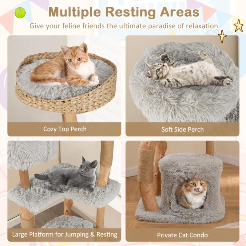 Hivvago Solid Wood Cat Tower with Top Cattail Basket Cat Bed