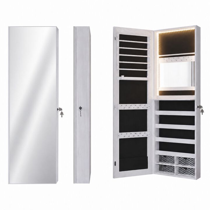 Wall Mounted Jewelry Cabinet with Full Length Mirror, LED Lights, Lockable Storage and Over The Door Design