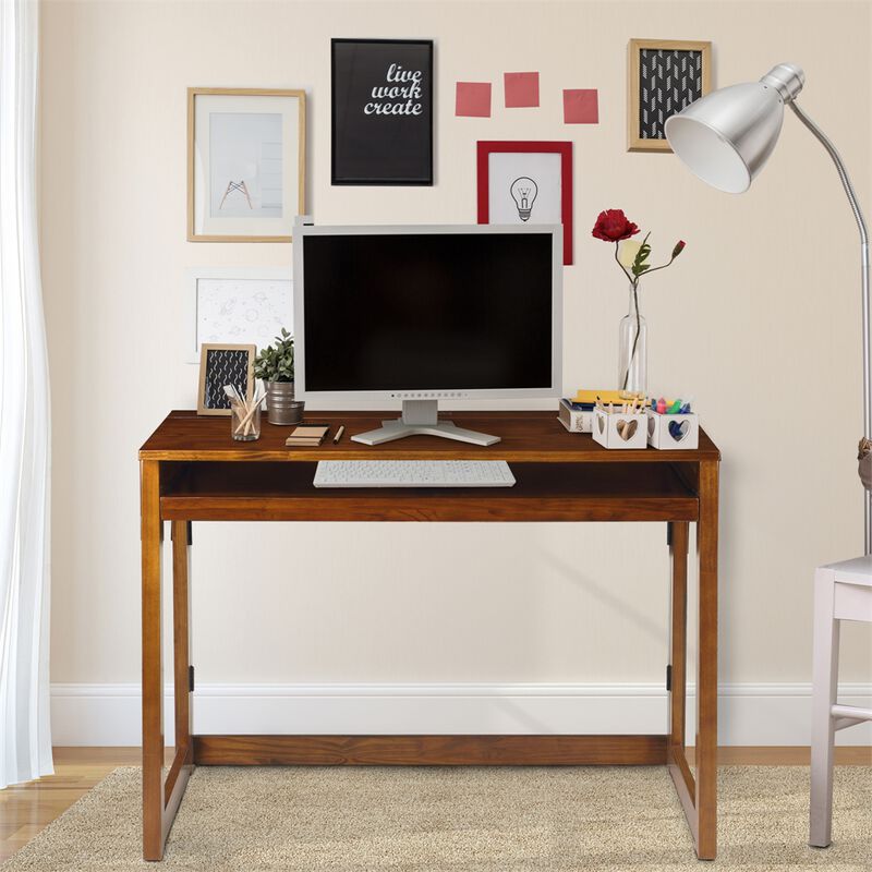 Casual Home Folding Desk with Pull-Out & USB Port-Warm Brown