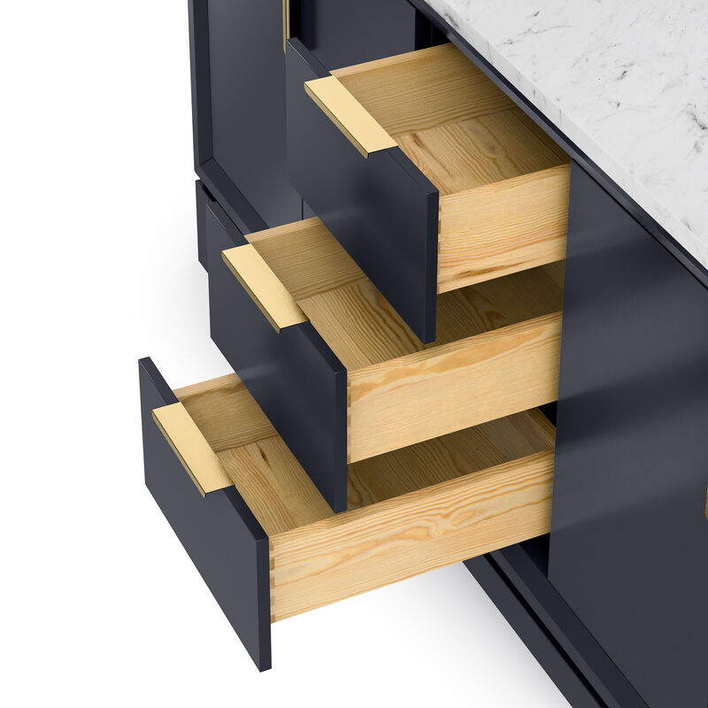 Elizabeth 72 In. Double Sink Carrara White Marble Countertop Bath Vanity In Monarch Blue with Satin Gold Hardware