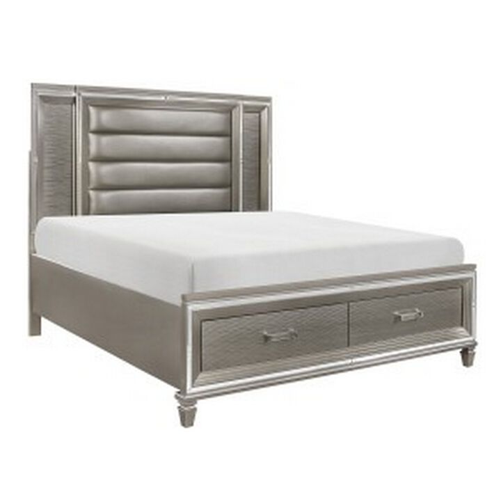 Delcy Queen Platform Bed, LED Headboard 2 Drawer Footboard, Mirrored Silver - Benzara
