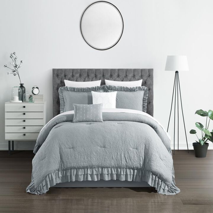 Chic Home Kensley Comforter Set Washed Crinkle Ruffled Flange Border Design Bedding Grey, King
