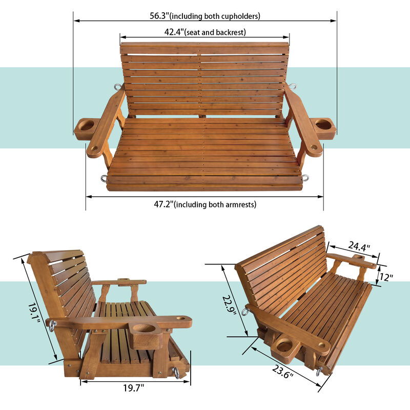 Mega Casa Wooden Porch Swing 2-Seater, Bench Swing with Cupholders, Hanging Chains and 7mm Springs, Heavy Duty 800 LBS, for Outdoor Patio Garden Yard (Brown)