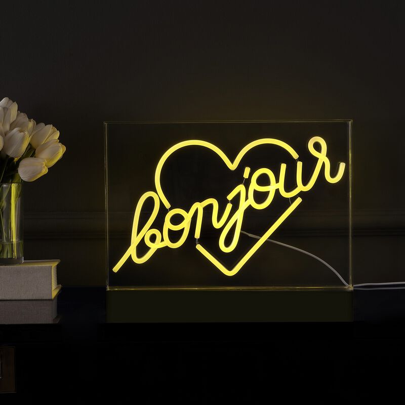 Bonjour Heart 15" X 10.3" Contemporary Glam Acrylic Box USB Operated LED Neon Light