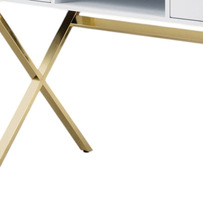 HomeRoots 47" White and Gold Wood and Metal Computer Desk With Two Drawers image number 2