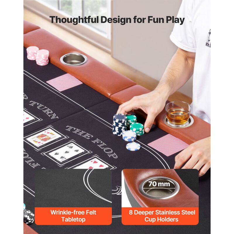 72 in Folding Poker Table with Padded Rails Cup Holders and Metal Legs image number 3