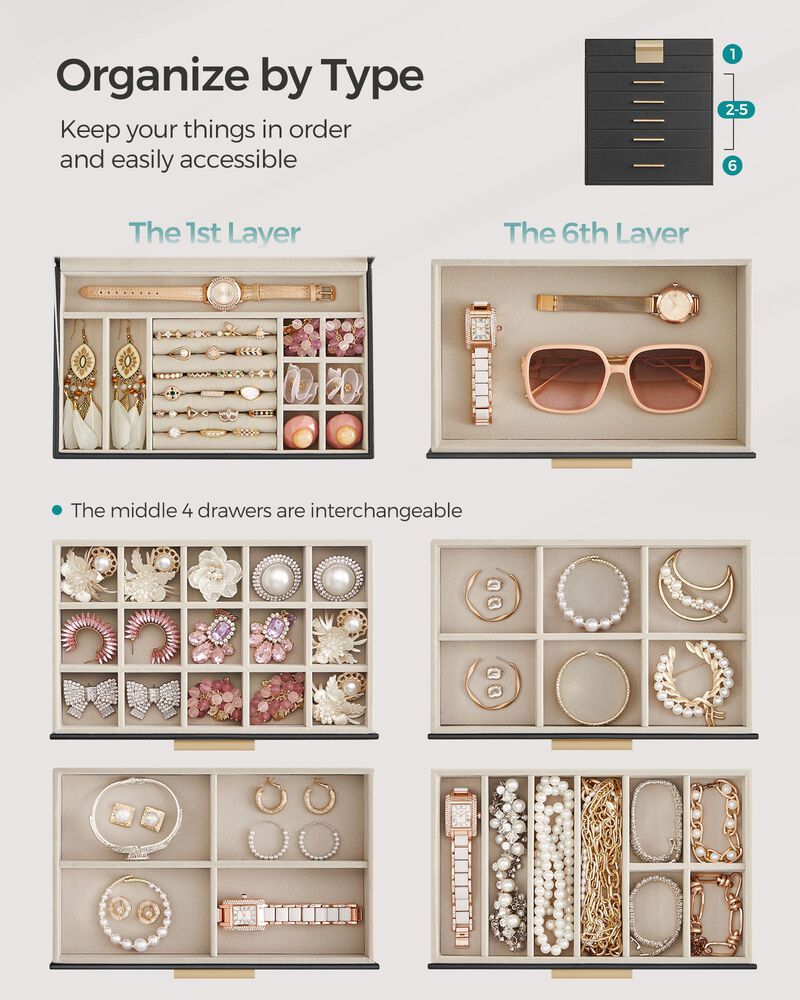6-Layer Jewelry Box with Glass Lid for Large Jewelry Storage and Display