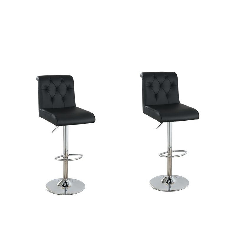 Adjustable Barstool Gas lift Chair Black Faux Leather Tufted Chrome Base Modern Set of 2 Chairs Dining Kitchen
