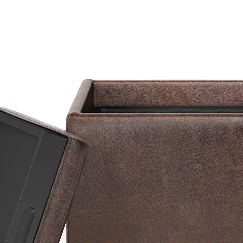 Rockwood Cube Storage Ottoman with Tray in Distressed Brown Faux Leather