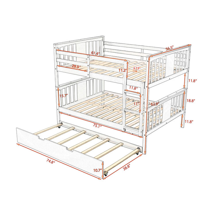 Full over Full Bunk Bed with Twin Size Trundle and Ladder-Gray