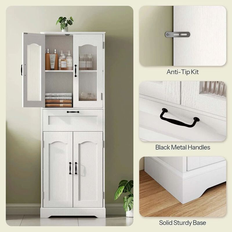 Freestanding Bathroom Floor Cabinet with Reeded Glass Door Design-White image number 4
