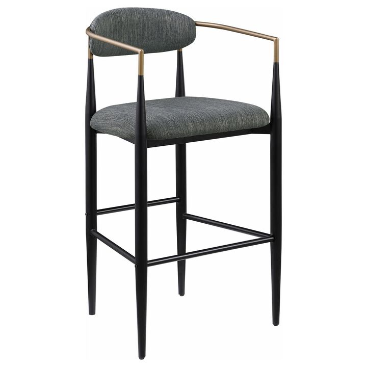 Tiara Bar Chair Set of 2, Gray Fabric, Gold, Black Metal 30 Inch - Benzara