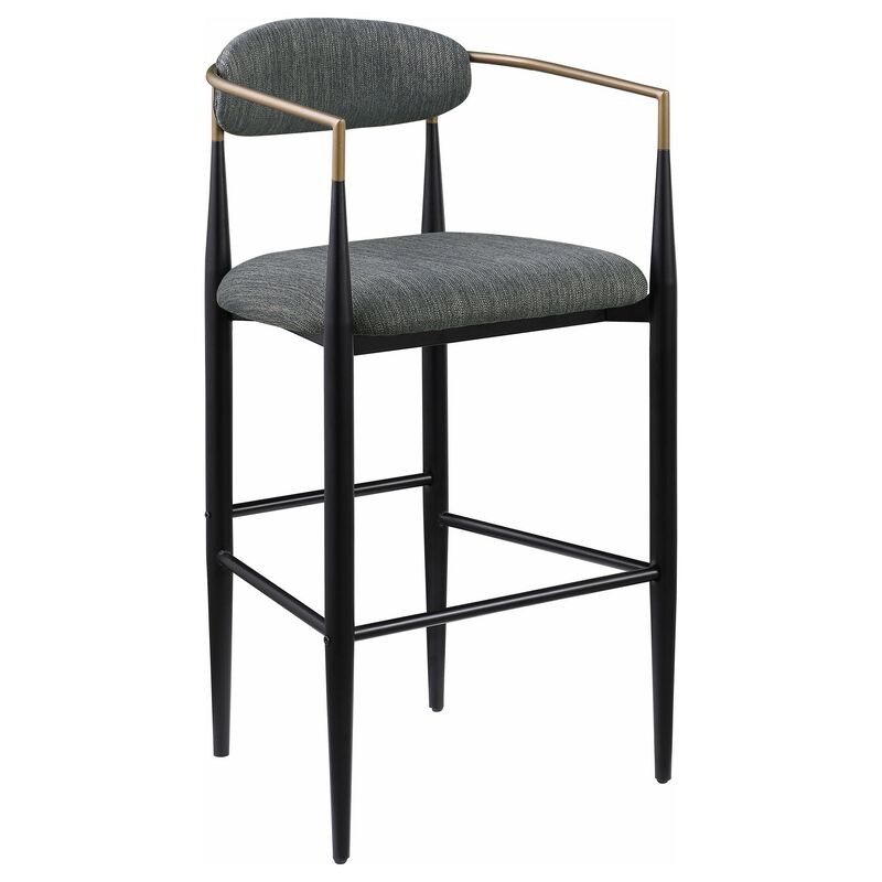 Tiara Bar Chair Set of 2, Gray Fabric, Gold, Black Metal 30 Inch - Benzara