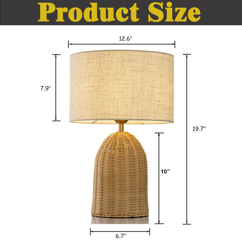 20'' Natural Rattan Bedside Table Lamp Coastal Nightstand Lamp with Classic Beige Fabric Shade for Bedroom, Living Room image number 8