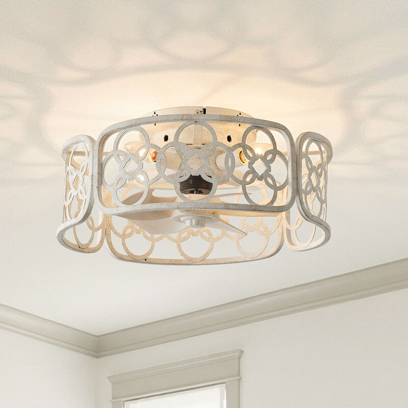 18" Farmhouse Distressed White Metal Caged Reversible Ceiling Fan with Light and Remote image number 1