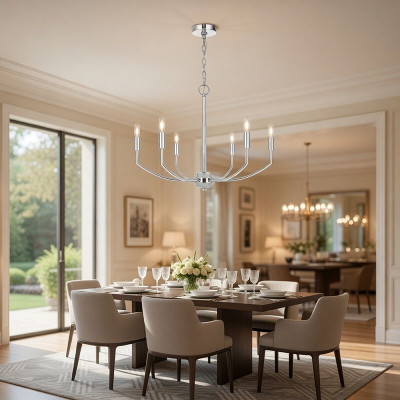 Kera 6 Light Candelabra Chandelier, 26 Inch XL Modern Chrome Metal image number 8