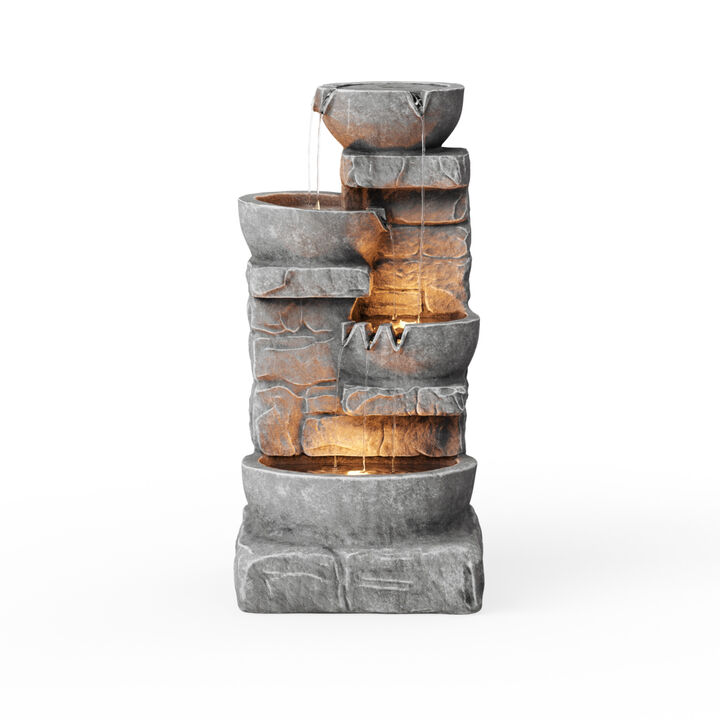 Cascading Bowls & Stacked Stones LED Outdoor Water Fountain