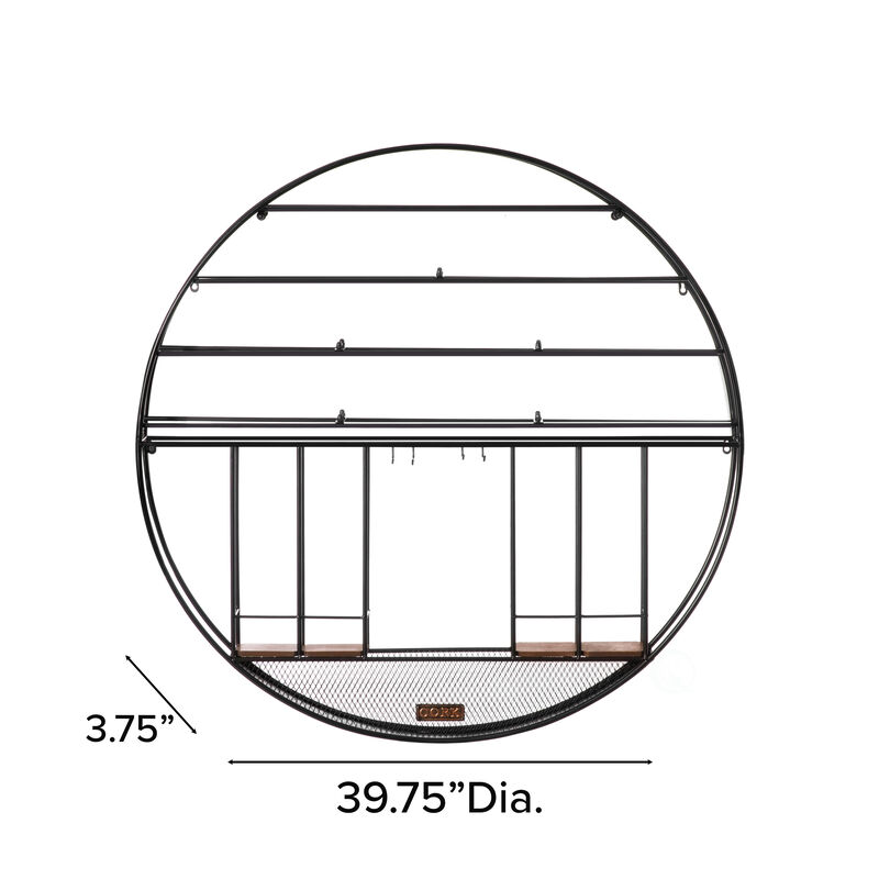 Vintage Decorative Modern Black Metal Round Wall Mounted Wine Display Rack with Cork and Glass Holder