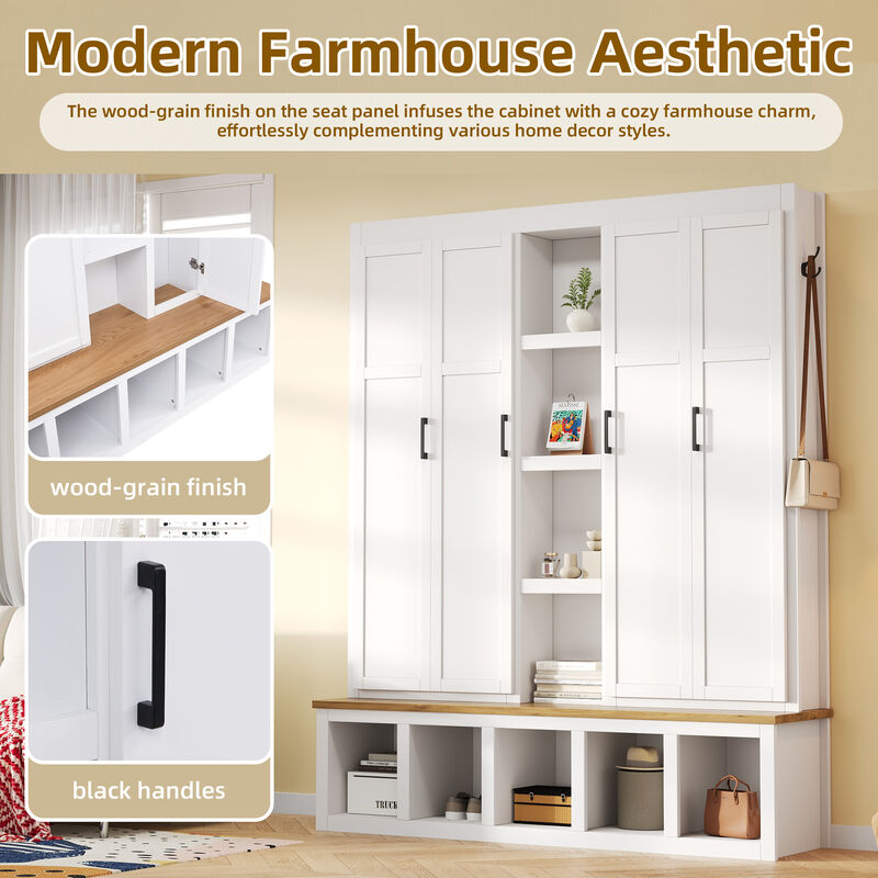 Merax Farmhouse 4-in-1 Hall Tree 6 Hanging Hooks, Wood Grain Bench | Shoe Cabinet with Open Storage