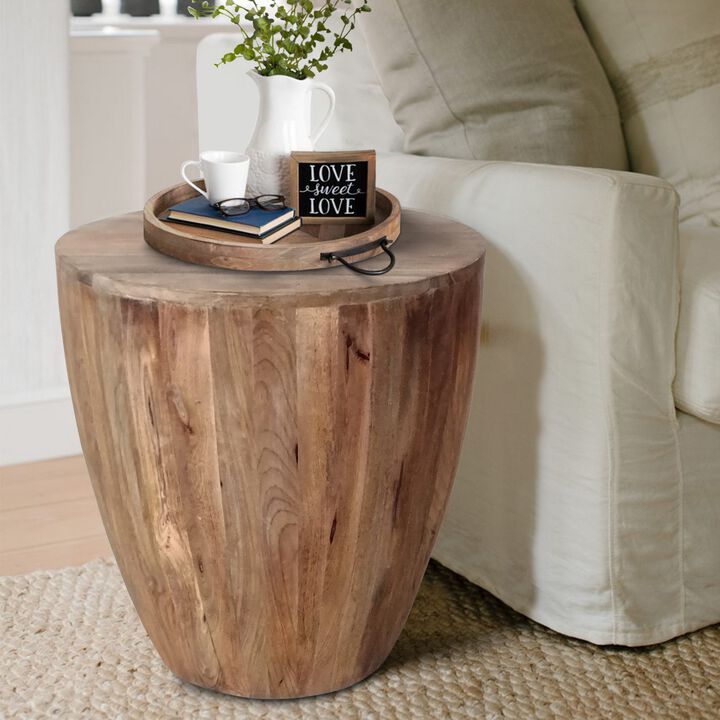 Handcarved Cylindrical Shape Round Mango Wood Distressed Wooden Side End Table, Brown-Benzara