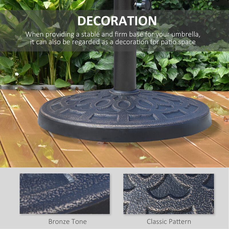 Outsunny 17" 26 lbs Round Resin Umbrella Base Stand Market Parasol Holder with Beautiful Decorative Pattern & Easy Setup, for Φ1.5", Φ1.89" Pole, for Lawn, Deck, Backyard, Garden, Bronze