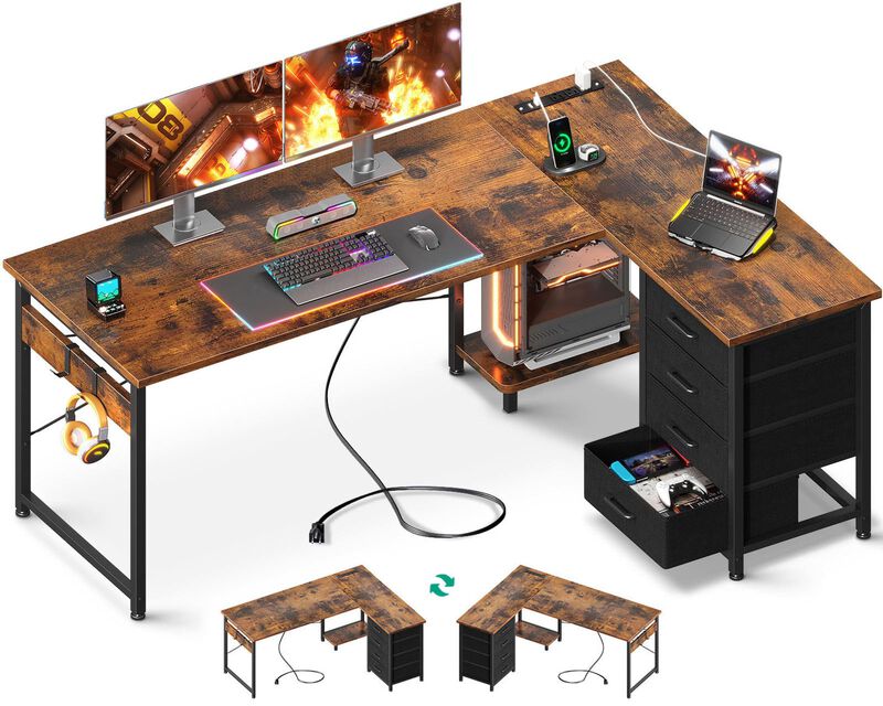 AODK L Shaped Desk with 4 Tier Drawers, 61 Reversible Gaming Desk with Power Outlets, L Shaped Computer Desk with USB Charging