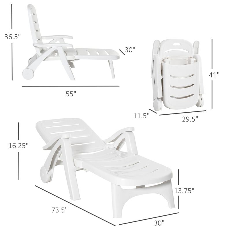 White Outdoor Recliner: 5-Position Folding Chaise Lounge with Wheels