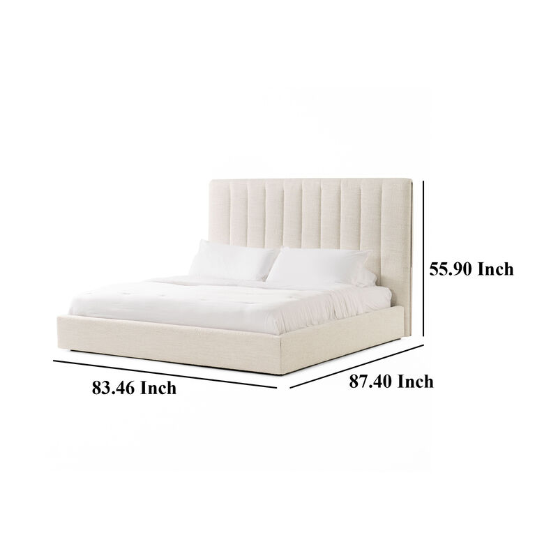 Valy Platform King Size Bed, Vertical Striped Tufted Ivory Upholstered - Benzara image number 4