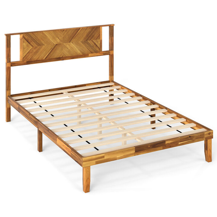 Acacia Wood Platform Bed Frame with Headboard, Mid-Century Style