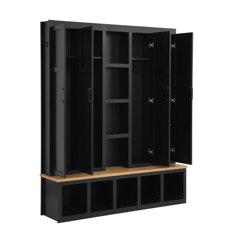 Merax Farmhouse 4-in-1 Hall Tree 6 Hanging Hooks, Wood Grain Bench | Shoe Cabinet with Open Storage