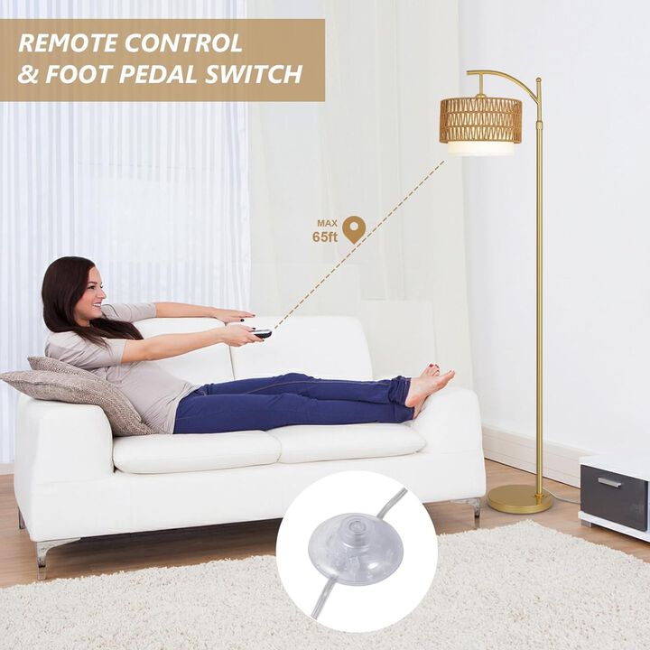 ELEMENT ACE Adjustable Dimmable Arc Standing Floor Lamp with Remote Control, Interchangeable Rattan & Fabric Shades, Multiple Color Temperatures for Living Room Bedroom Home Decor