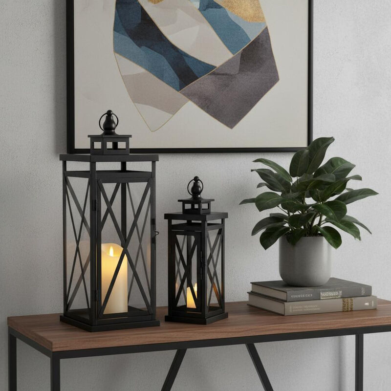 HomeRoots Set of Two Clear And Black Glass And Metal Tabletop Lantern Candle Holders