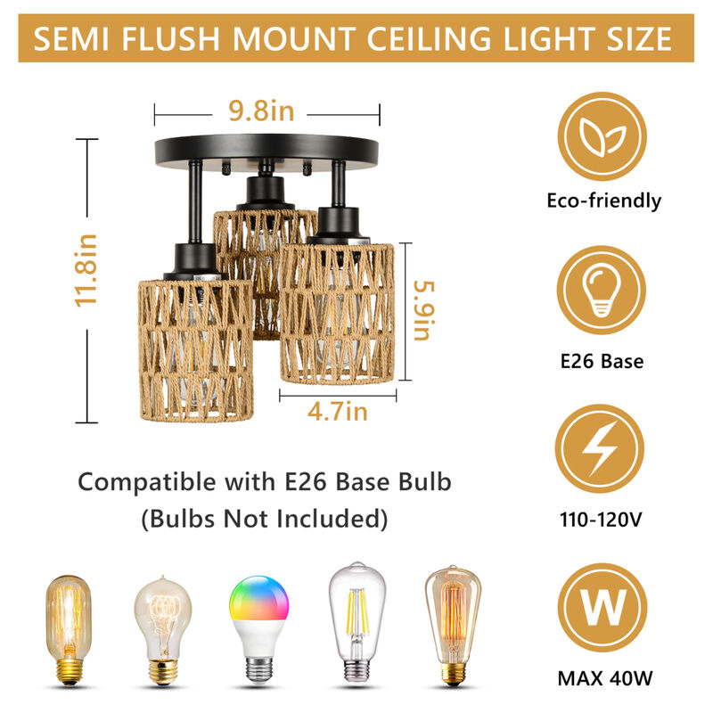 3-Lights Boho Flush Mount Light