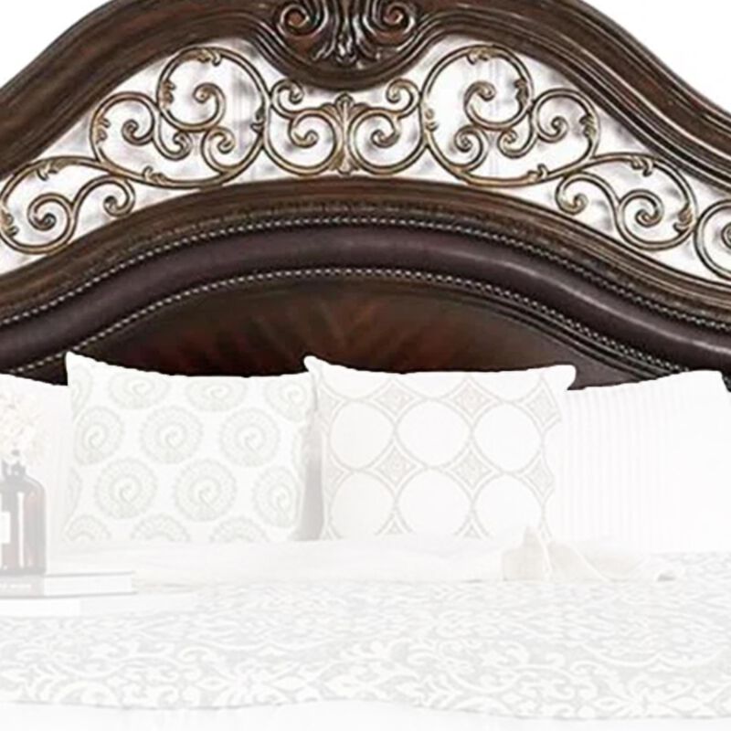 Queen Bedroom Set in Brown Cherry & Gold Wood &ndash; 3 Piece Set with 2 Nightstands image number 6