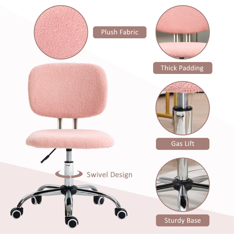 Vinsetto Cute Armless Office Chair, Teddy Fleece Fabric Computer Desk Chair, Vanity Task Chair with Adjustable Height, Swivel Wheels, Mid Back, Pink