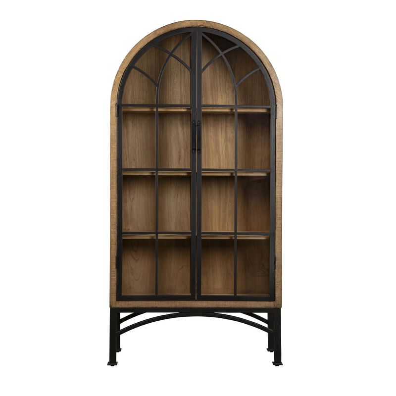 Veria China Cabinet, 2 Door Arch Frame, Antique Natural Brown, 83 Inch - Benzara