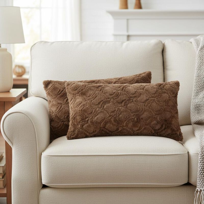 HomeRoots Set of Two 12" X 20" Brown Faux Fur Lumbar Throw Pillows image number 1