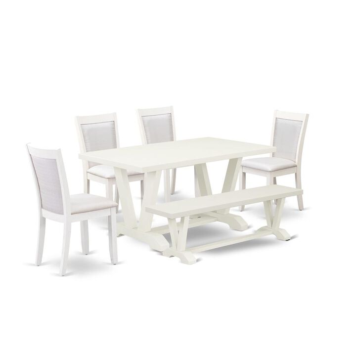 V026MZ001-6 6-Pc Table Set Contains a Dining Table - 4 Cream Dining Chairs and a Wood Bench - Wire Brushed Linen White Finish