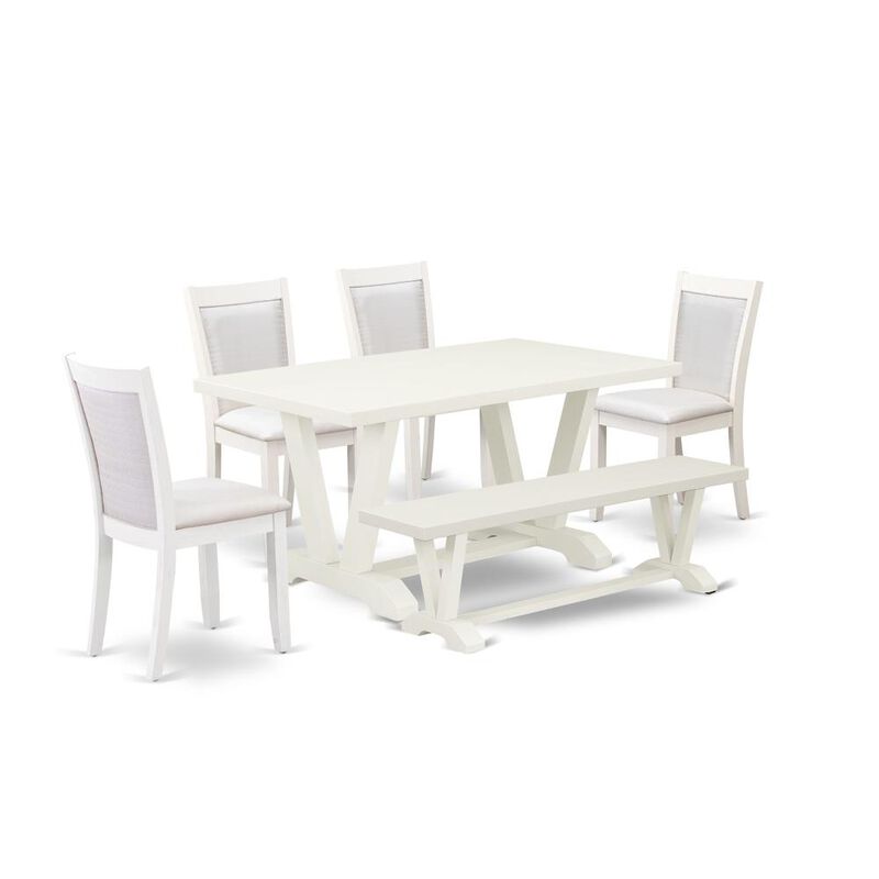 V026MZ001-6 6-Pc Table Set Contains a Dining Table - 4 Cream Dining Chairs and a Wood Bench - Wire Brushed Linen White Finish