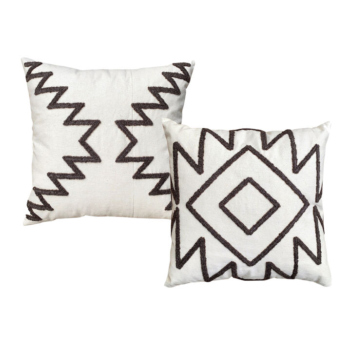 17 x 17 Inch 2 Piece Square Cotton Accent Throw Pillow Set with Modern Geodesic Aztec Design Embroidery, White, Gray