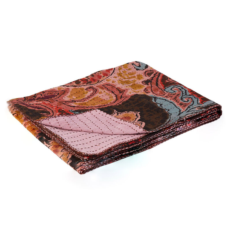 HomeRoots 50" X 70" Brown And Pink Floral Cotton Quilted Kantha Throw Blanket with Embroidery image number 2